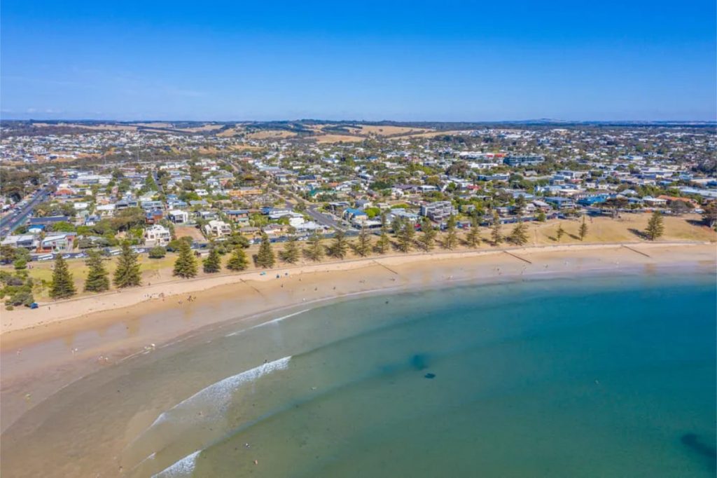 Aerial view of the Torquay coastline and residential area.